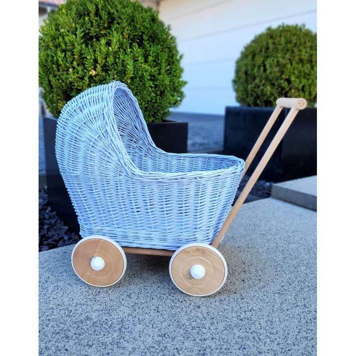 Lėlių vežimėlis pintas mėlynas su medinėmis detalėmis Wicker