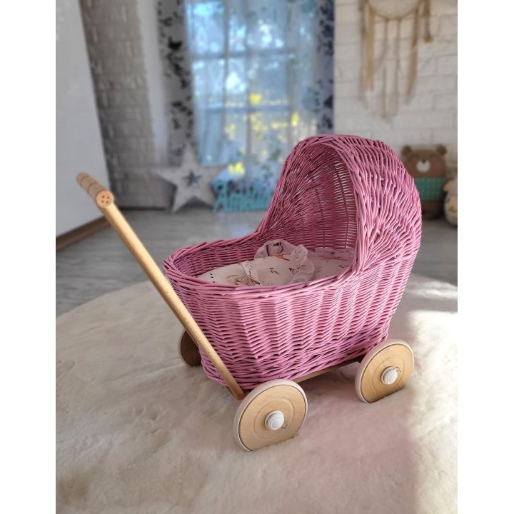 Lėlių vežimėlis pintas rožinis su mediniais ratais Small Foot