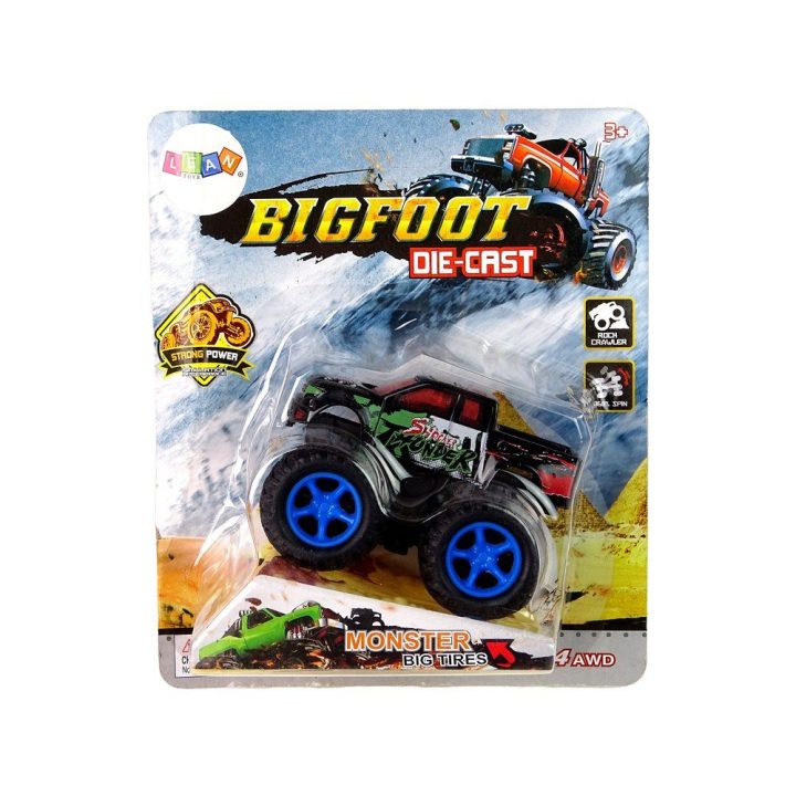 Žaislinis automobilis Monster Truck su guminiais ratais – nuotykiams ir greičiui žaidimuose.