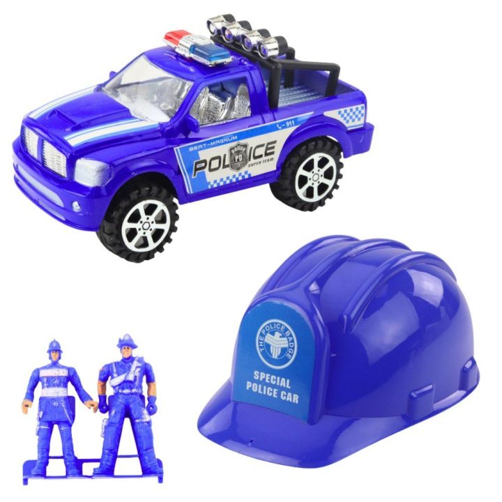 Žaislinis policijos automobilis su šalmu – nuotykiams ir vaizduotei lavinti vaikams.