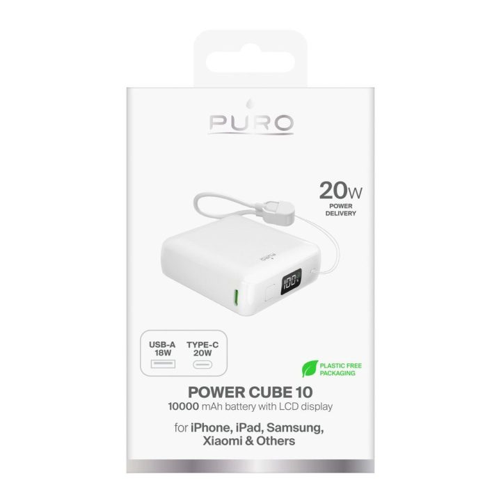 Powerbank 10000mAh 20W su ekranu ir USB-C laidu baltas Puro