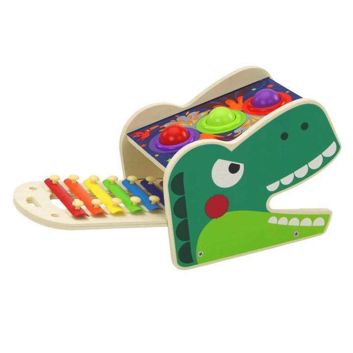 Žaislas medinis dinozauras su būgneliu raudonas – lavinantis pasirinkimas