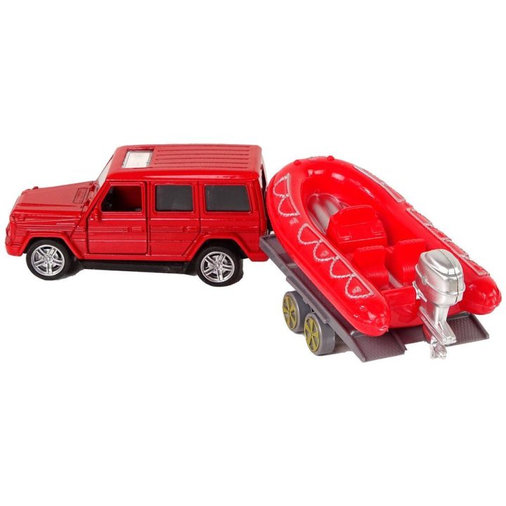 Žaislinis gaisrinės visureigis su valtimi Jeep raudonas – lavinantis pasirinkimas