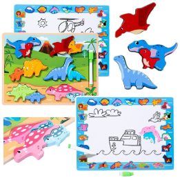 Dėlionė medinė 2in1 su dinozaurais ir rašikliu – lavinantis pasirinkimas