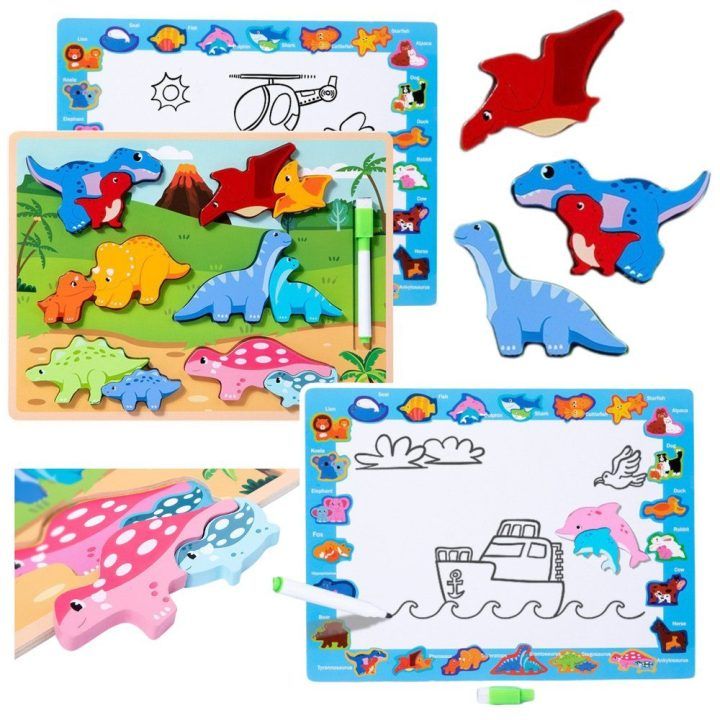 Dėlionė medinė 2in1 su dinozaurais ir rašikliu – lavinantis pasirinkimas
