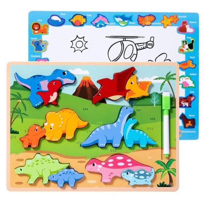 Dėlionė medinė 2in1 su dinozaurais ir rašikliu – lavinantis pasirinkimas