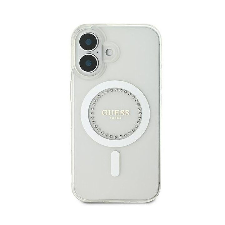 Dėklas iPhone 16 Plus Guess IML baltas su kristalais – stilingas pasirinkimas