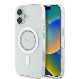 Dėklas iPhone 16 Guess IML su kristalais baltas – stilingas pasirinkimas