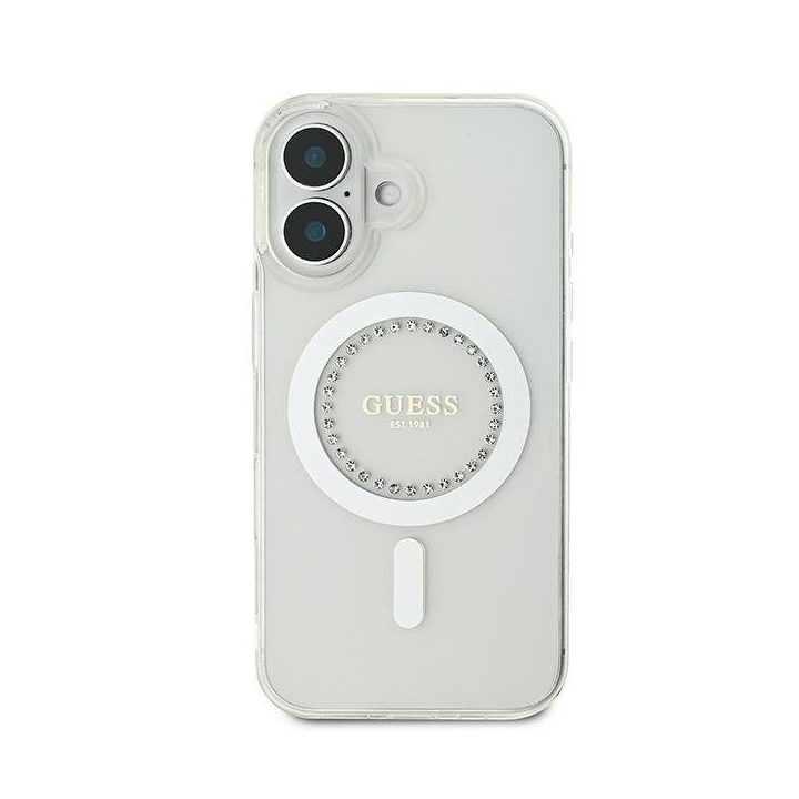 Dėklas iPhone 16 Guess IML su kristalais baltas – stilingas pasirinkimas