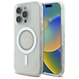 Dėklas iPhone 16 Pro Max Guess IML baltas su kristalais – stilingas pasirinkimas
