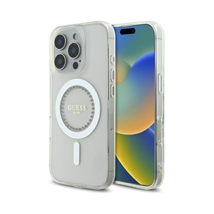 Dėklas iPhone 16 Pro Max Guess IML baltas su kristalais – stilingas pasirinkimas