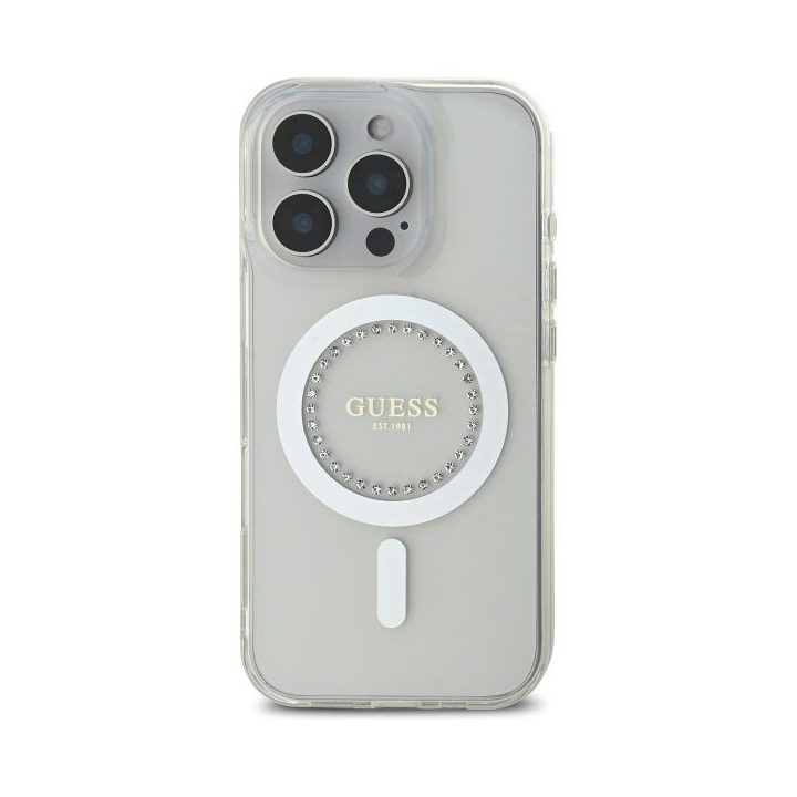 Dėklas iPhone 16 Pro Max Guess IML baltas su kristalais – stilingas pasirinkimas