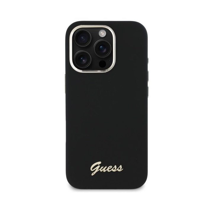 Dėklas iPhone 16 Pro Guess Silicone Script juodas – patikimas pasirinkimas