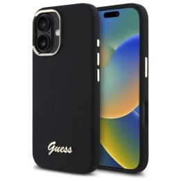 Dėklas iPhone 16 Guess Silicone juodas su logotipu – patikimas pasirinkimas