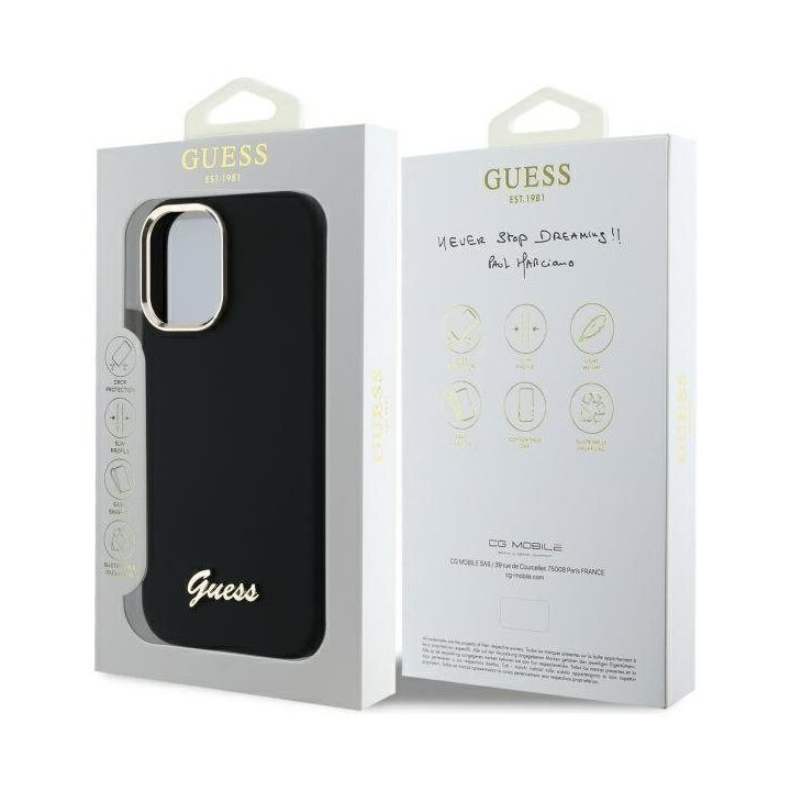 Dėklas iPhone 16 Guess Silicone juodas su logotipu – patikimas pasirinkimas