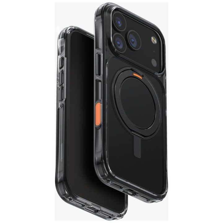 Dėklas iPhone 17 Pro Uniq Swivix juodas su stovu – patikimas pasirinkimas