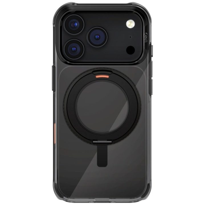 Dėklas iPhone 17 Pro Uniq Swivix juodas su stovu – patikimas pasirinkimas