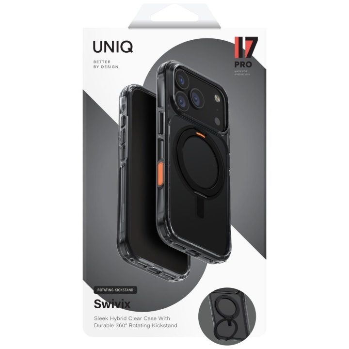 Dėklas iPhone 17 Pro Uniq Swivix juodas su stovu – patikimas pasirinkimas