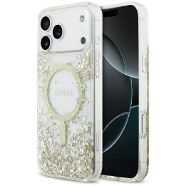 Dėklas iPhone 17 Pro Max Guess auksinis su blizgučiais – stilingas pasirinkimas