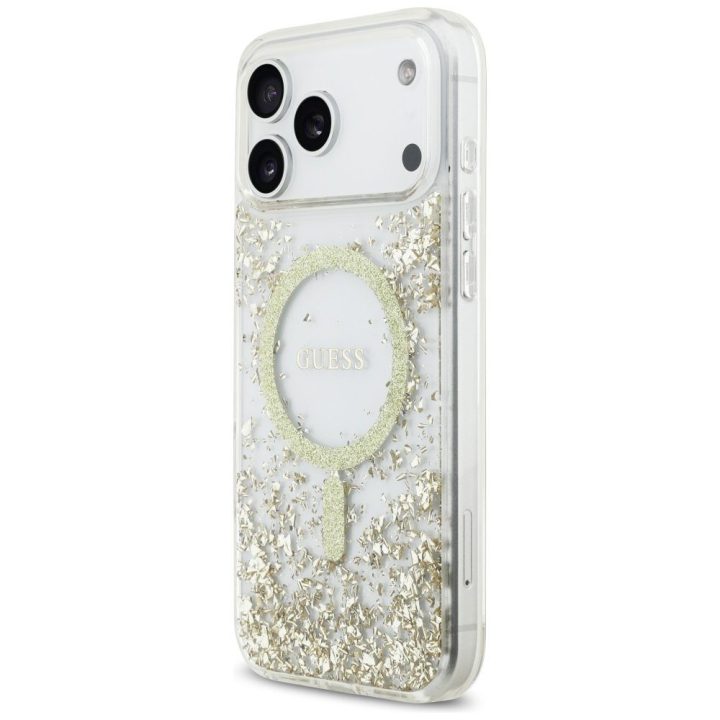 Dėklas iPhone 17 Pro Max Guess auksinis su blizgučiais – stilingas pasirinkimas