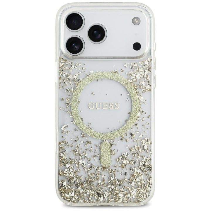 Dėklas iPhone 17 Pro Max Guess auksinis su blizgučiais – stilingas pasirinkimas