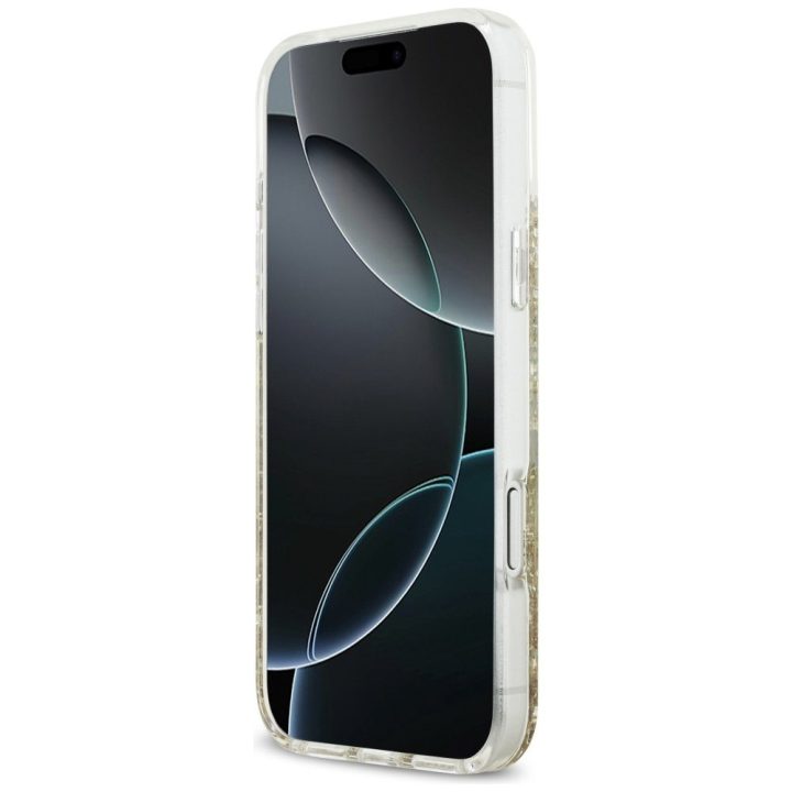 Dėklas iPhone 17 Pro Max Guess auksinis su blizgučiais – stilingas pasirinkimas