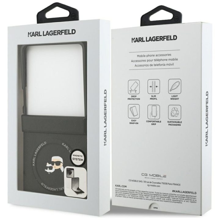 Dėklas Samsung Galaxy Z Flip 7 Karl Lagerfeld Karl&Choupette juodas – stilingas pasirinkimas
