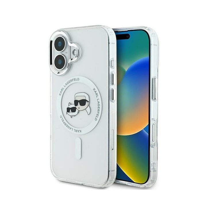 Dėklas iPhone 16 Plus Karl Lagerfeld balto dizaino – stilingas pasirinkimas
