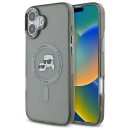 Dėklas iPhone 16 Karl Lagerfeld Metal Karl&Choupette juodas – stilingas pasirinkimas