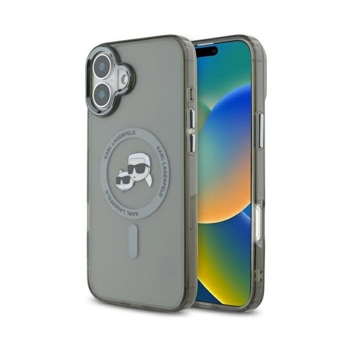 Dėklas iPhone 16 Karl Lagerfeld Metal Karl&Choupette juodas – stilingas pasirinkimas