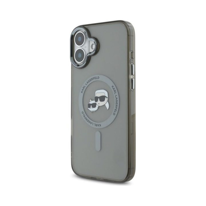 Dėklas iPhone 16 Karl Lagerfeld Metal Karl&Choupette juodas – stilingas pasirinkimas