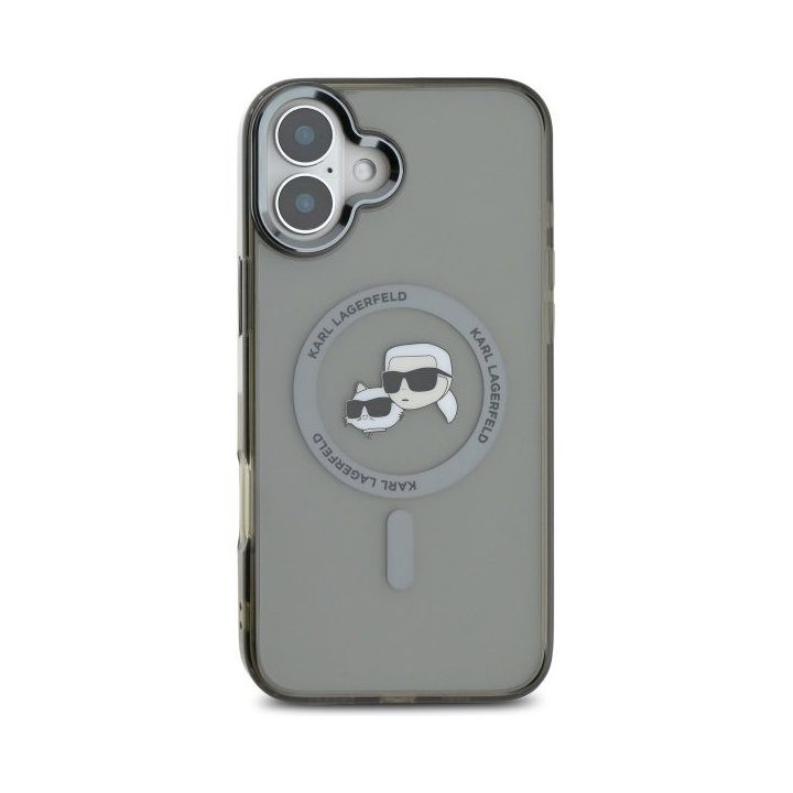 Dėklas iPhone 16 Karl Lagerfeld Metal Karl&Choupette juodas – stilingas pasirinkimas