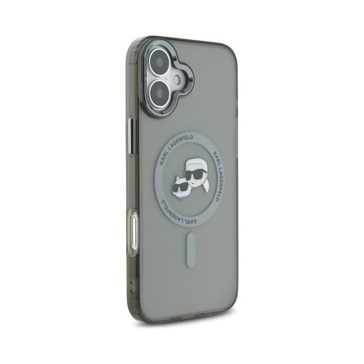 Dėklas iPhone 16 Karl Lagerfeld Metal Karl&Choupette juodas – stilingas pasirinkimas
