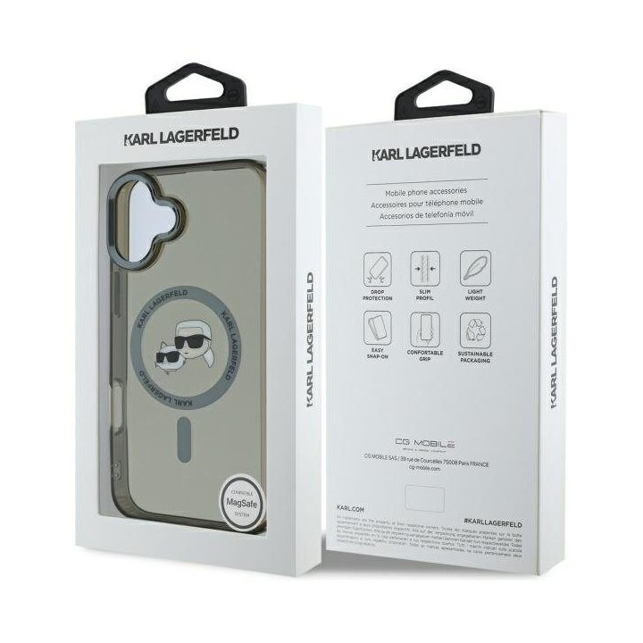 Dėklas iPhone 16 Karl Lagerfeld Metal Karl&Choupette juodas – stilingas pasirinkimas