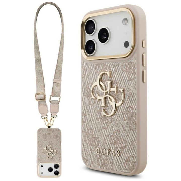 Dėklas iPhone 17 Pro Guess Classic Logo su dirželiu – stilingai apsaugai ir patogumui kasdien.