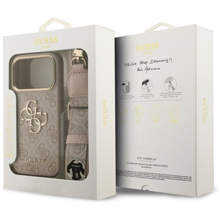 Dėklas iPhone 17 Pro Guess Classic Logo su dirželiu – stilingai apsaugai ir patogumui kasdien.