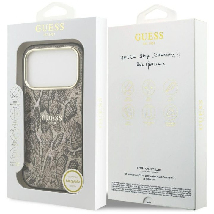 Dėklas MagSafe iPhone 17 Pro Max Guess raštuotas – stilingai apsaugai ir patogiam naudojimui.