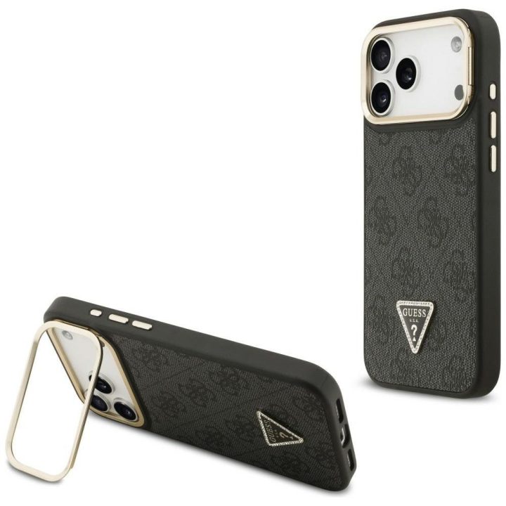 Dėklas iPhone 17 Pro Max Guess su trikampiu logotipu ir stovu – stiliui ir patogumui kasdien.