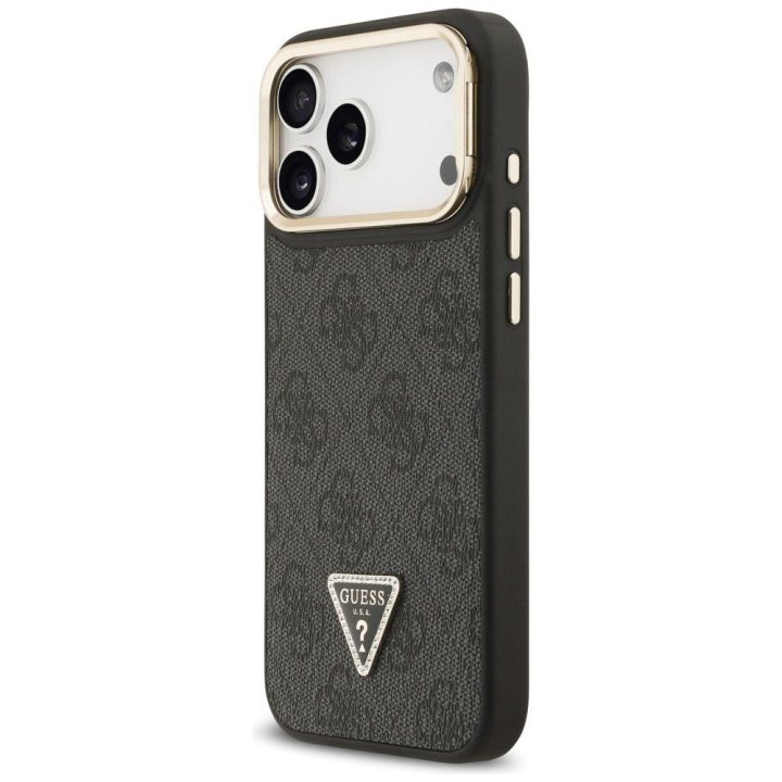 Dėklas iPhone 17 Pro Max Guess su trikampiu logotipu ir stovu – stiliui ir patogumui kasdien.
