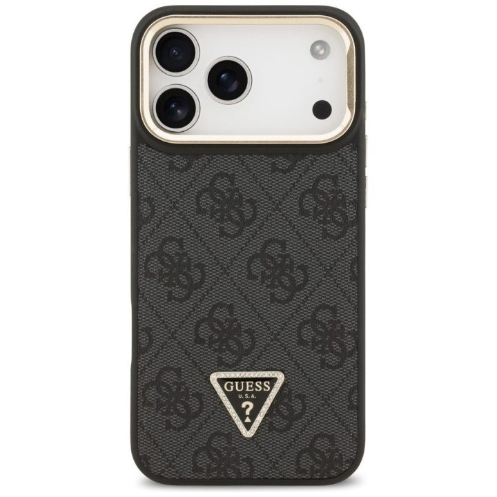 Dėklas iPhone 17 Pro Max Guess su trikampiu logotipu ir stovu – stiliui ir patogumui kasdien.