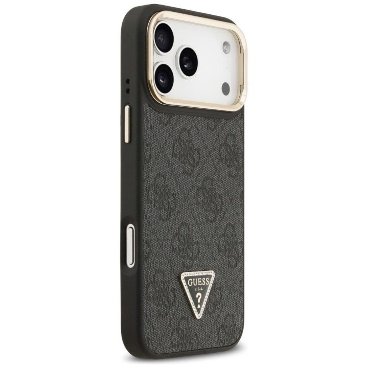 Dėklas iPhone 17 Pro Max Guess su trikampiu logotipu ir stovu – stiliui ir patogumui kasdien.