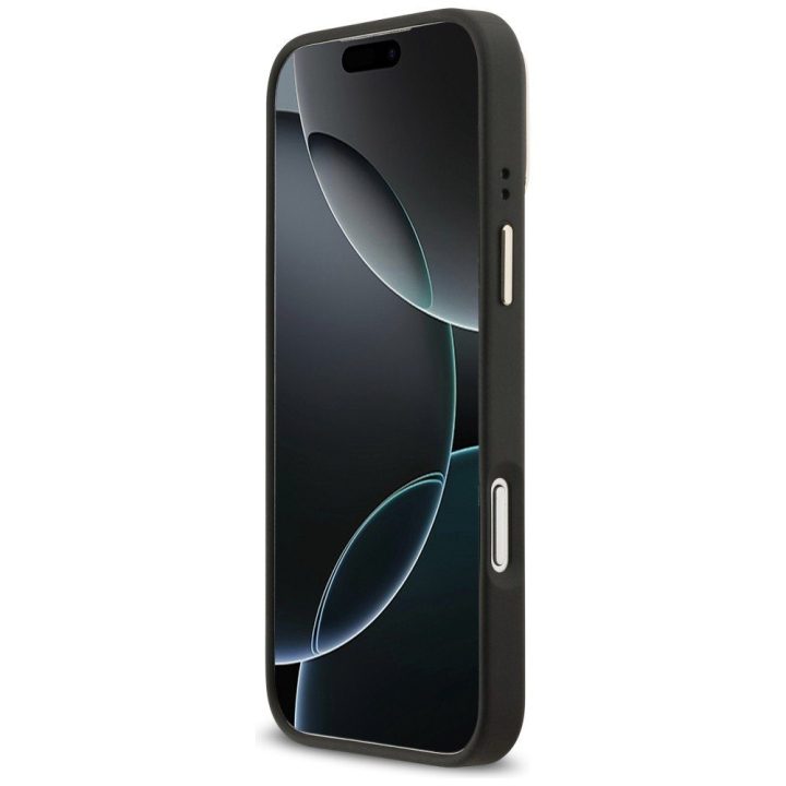 Dėklas iPhone 17 Pro Max Guess su trikampiu logotipu ir stovu – stiliui ir patogumui kasdien.