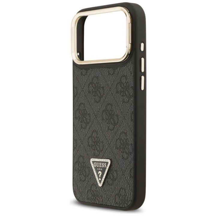 Dėklas iPhone 17 Pro Max Guess su trikampiu logotipu ir stovu – stiliui ir patogumui kasdien.