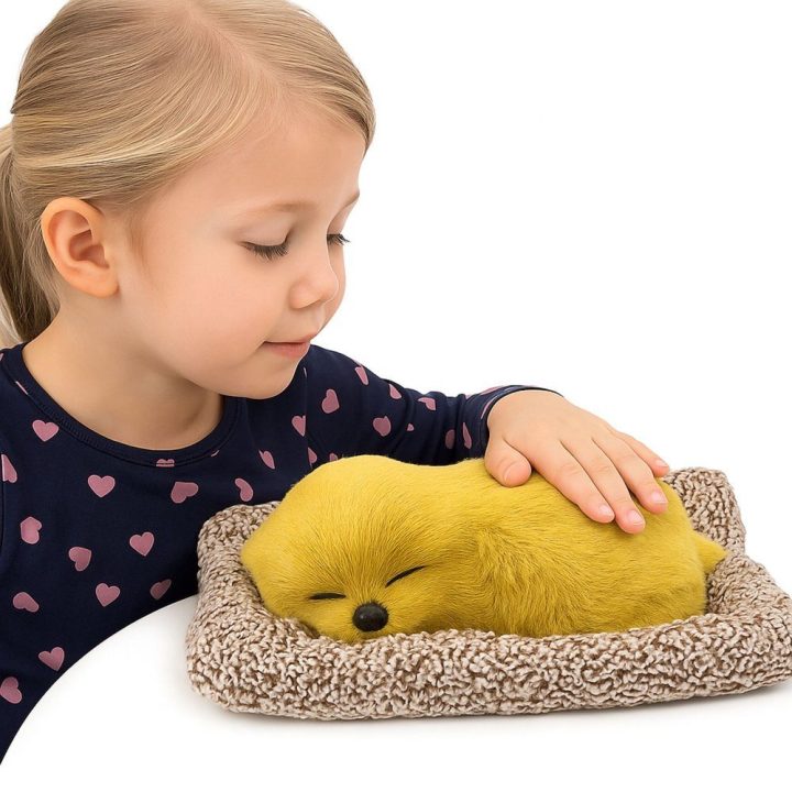 Figūrėlė šuniukas labradoras su kailiu ant pagalvėlės – miela dekoracija jaukumui namuose.
