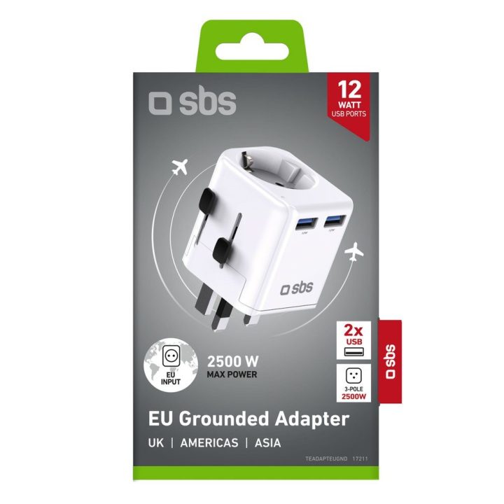 Kelionių adapteris universalus SBS su 2 USB-A – patogiam įkrovimui visame pasaulyje.
