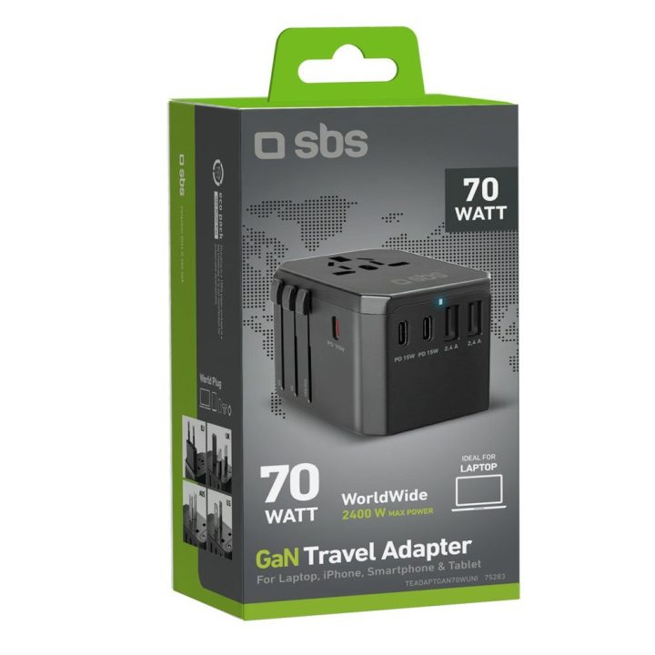 Įkroviklis GaN 70W World Travel su dėklu – patogiam įkrovimui kelionėse.