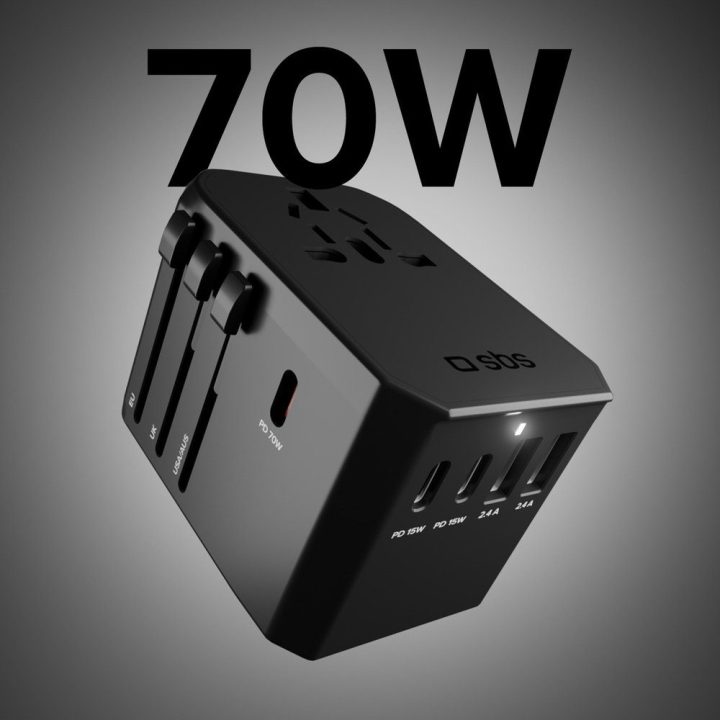 Įkroviklis GaN 70W World Travel su dėklu – patogiam įkrovimui kelionėse.