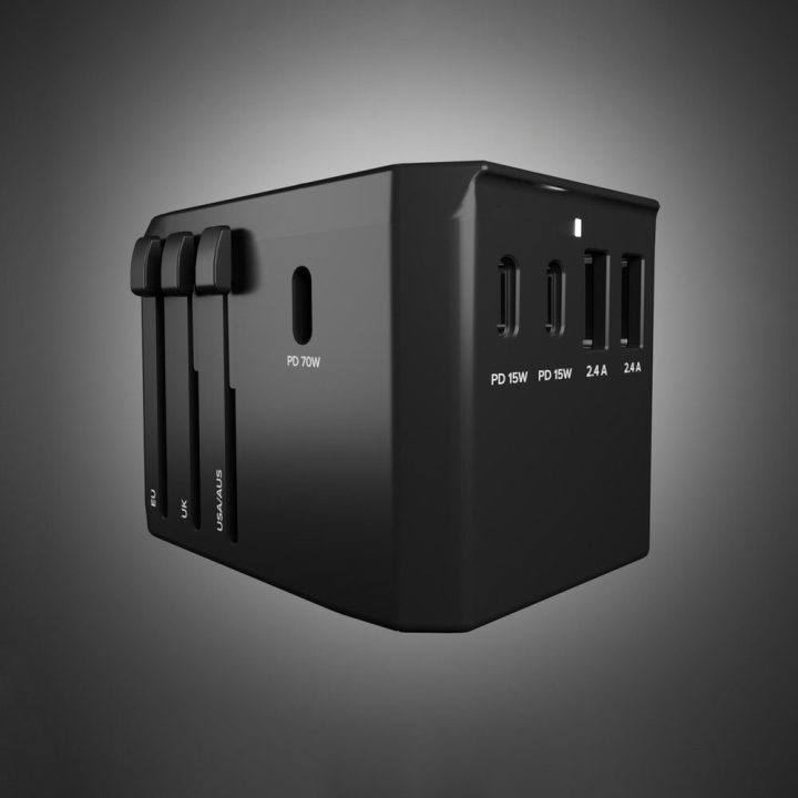 Įkroviklis GaN 70W World Travel su dėklu – patogiam įkrovimui kelionėse.