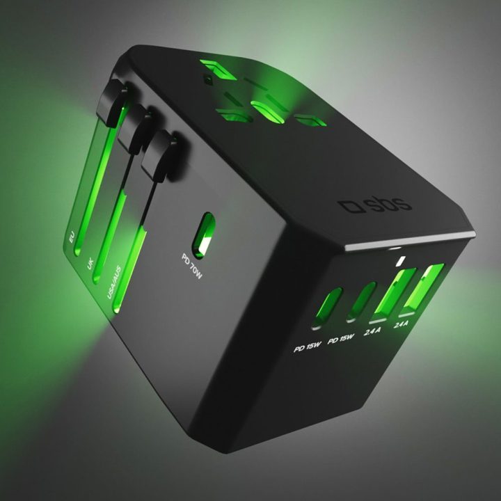 Įkroviklis GaN 70W World Travel su dėklu – patogiam įkrovimui kelionėse.