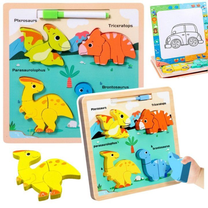 Dėlionė medinė edukacinė su dinozaurais – lavinimui ir kūrybiškam žaidimui.